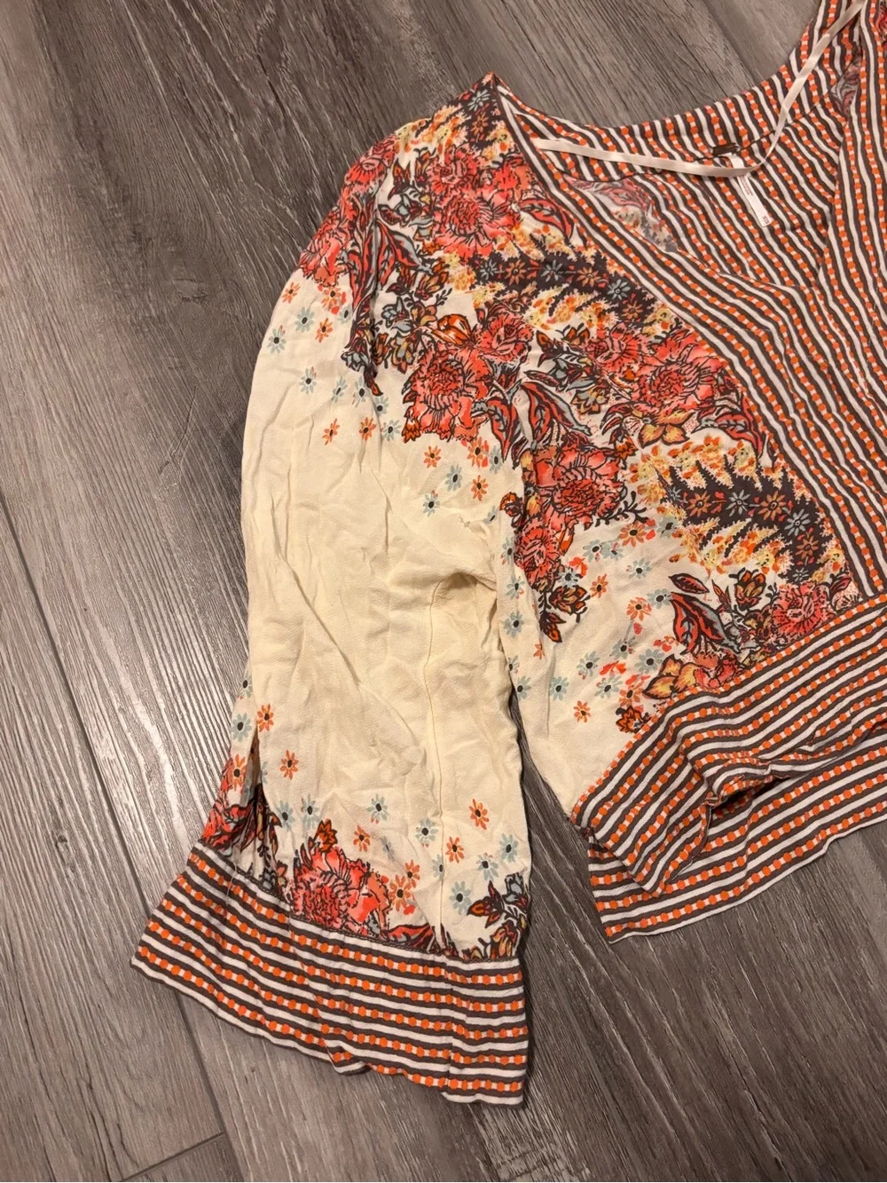 Free People Cream Floral Boho Peasant Top with Rust and Brown Accents